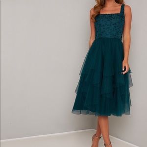 Lace Bodice Tiered Tulle Midi Dress in Green